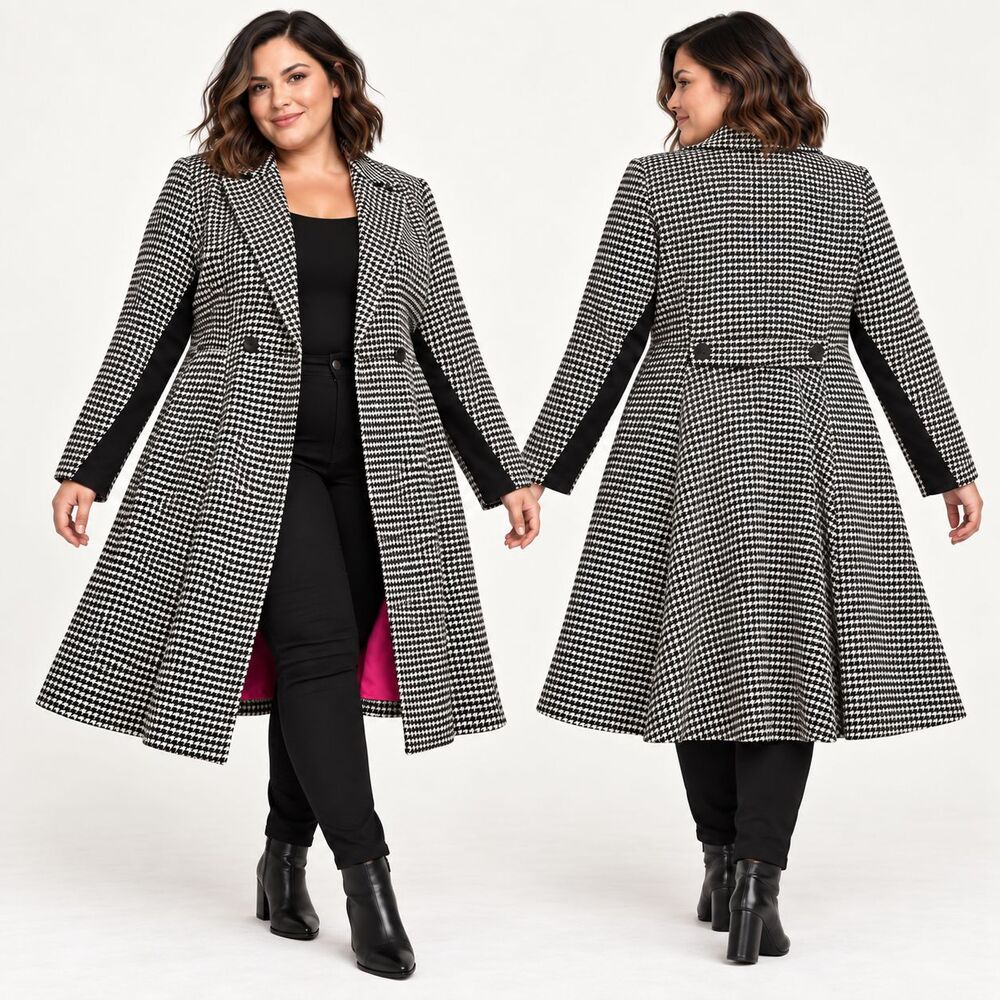 Torrid Houndstooth Wool Blend Statement Coat 3X 22 24 Black White Pink Lined NWT